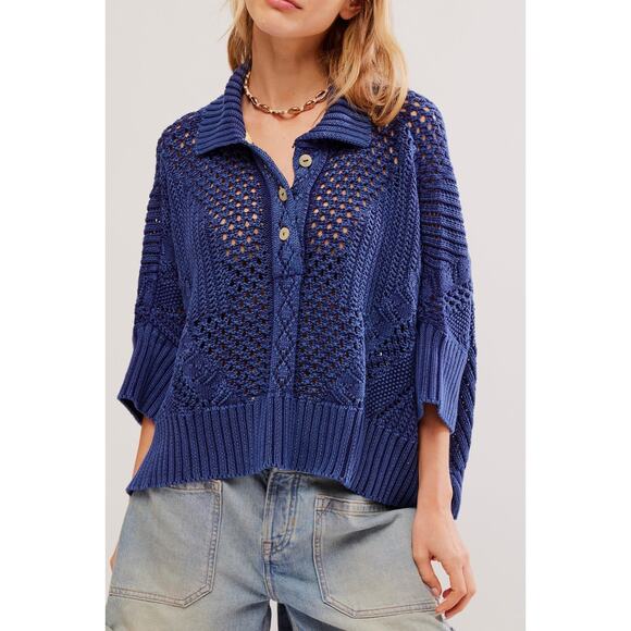 FREE PEOPLE To The Point Cotton Crochet Polo Sweater in Midnight Rain Blue Sz S - Picture 1 of 10